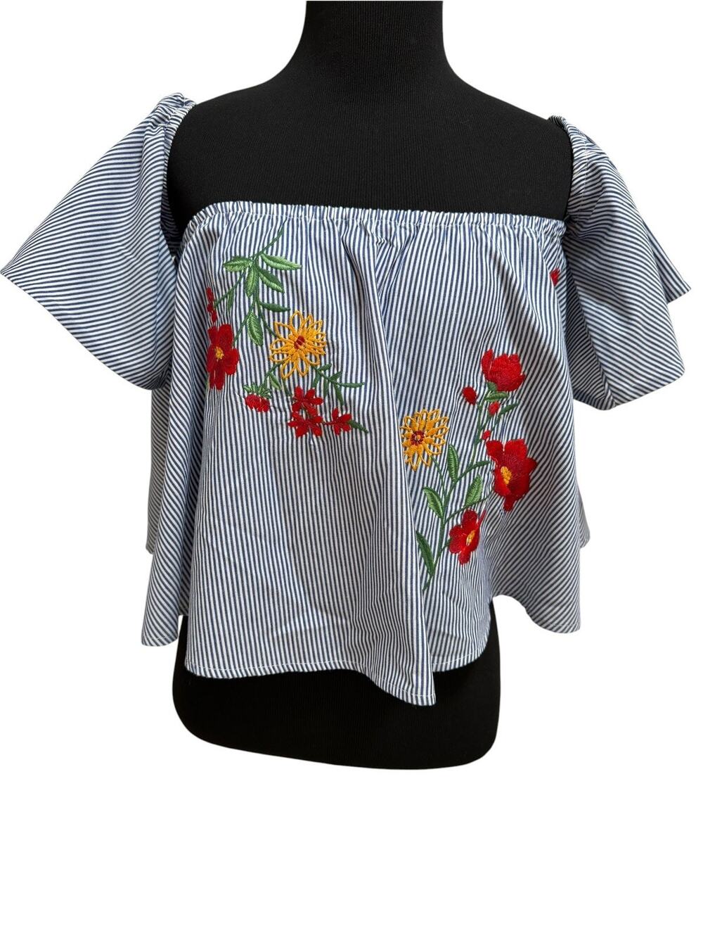 Forever 21 Off The Shoulder Top Womens Sz L Striped Floral Embroidery Loose Fit